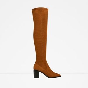 Zara Cognac Suede High Heel Over the Knee OTK Boots